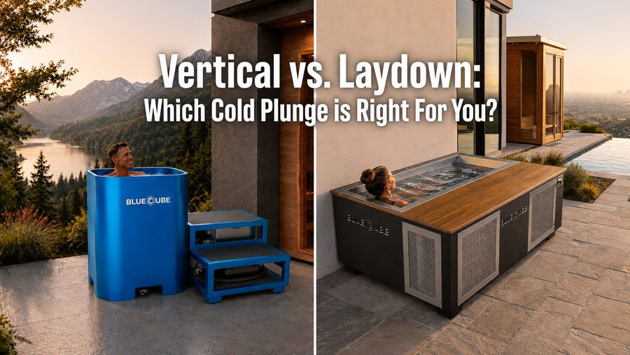 Split-screen comparison of a BlueCube vertical cold plunge and laydown cold plunge in luxury outdoor wellness settings.