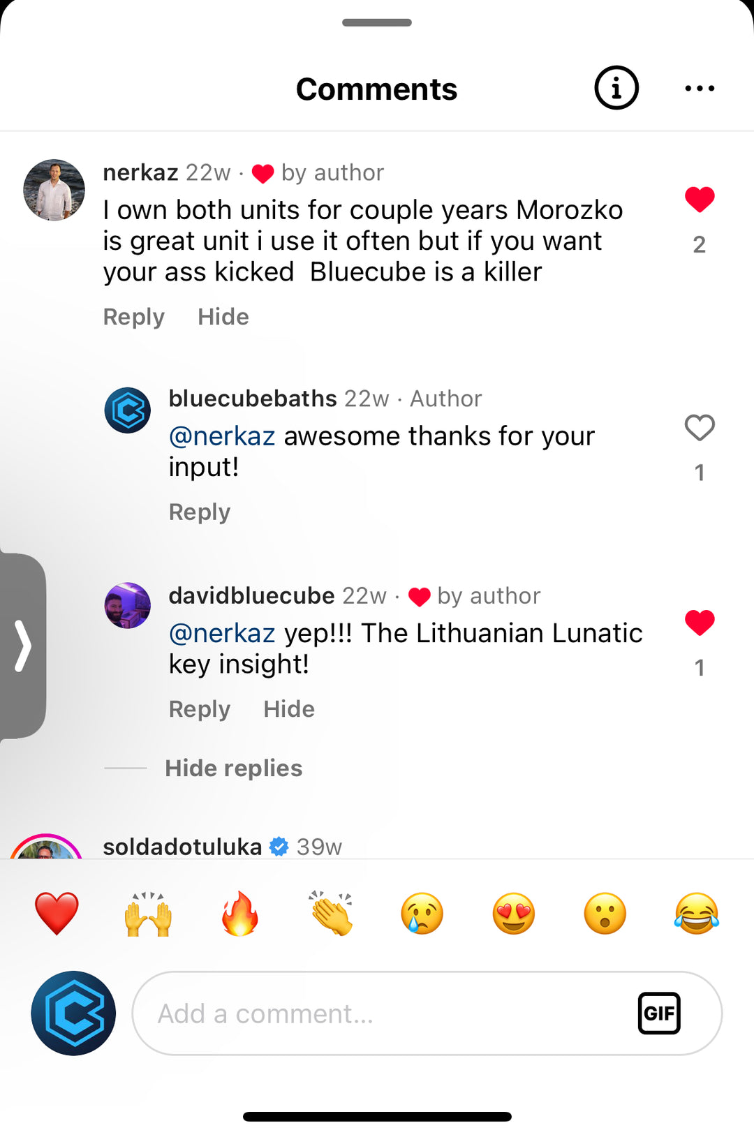 Instagram comment on BlueCube vs Morozko by the Lithuanian Lunatic who owns both brands. 