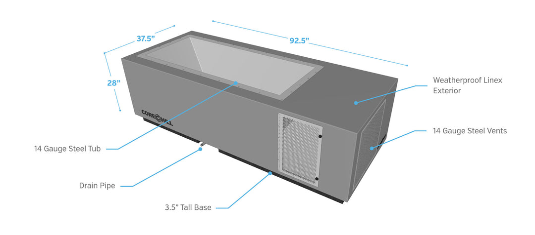 CoreChill³ Cold Plunge Tub Dimensions length width and height. 