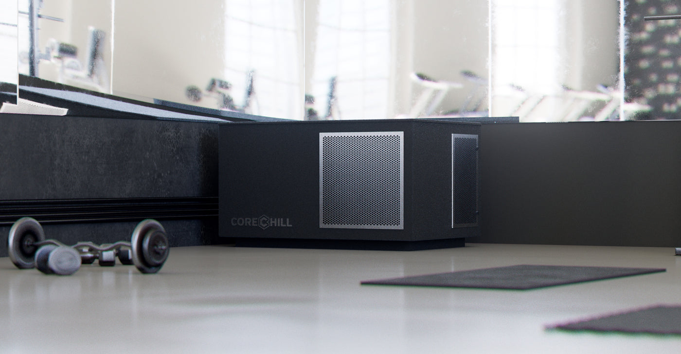 BlueCube CoreChill Modular Box black color by itself in the corner of a gym. 