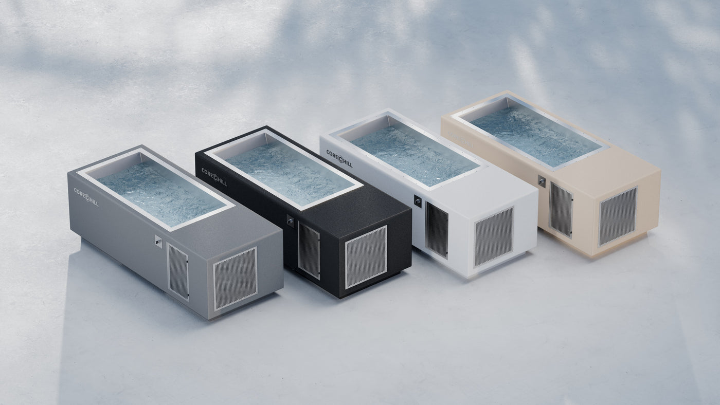 BlueCube CoreChill Cold Plunge Tubs side by side in different colors: grey, black, white, and tan. 