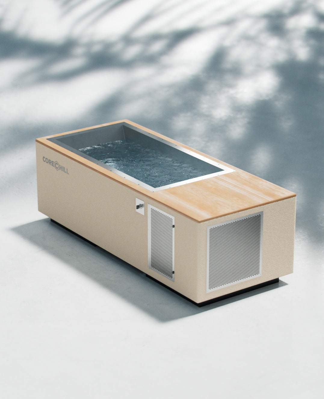 CoreChill³ cold plunge tub In Beige with Teak Top