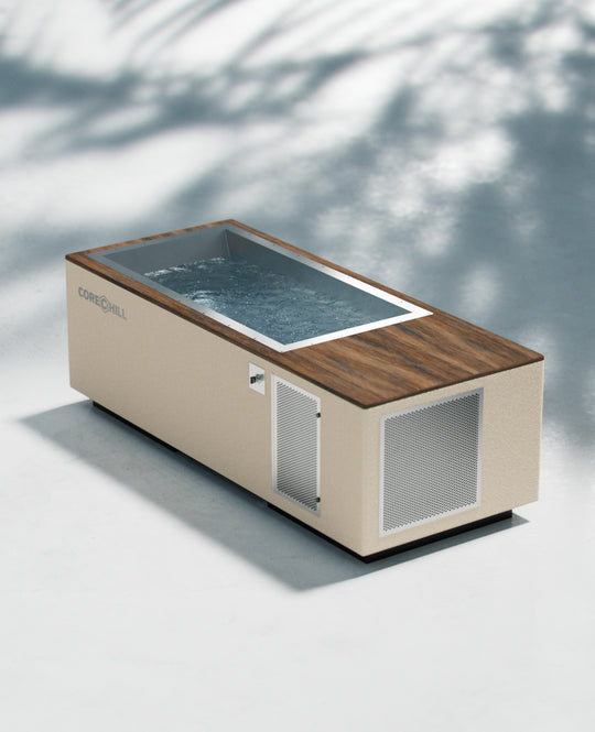 CoreChill³ cold plunge tub In Beige With Walnut Top