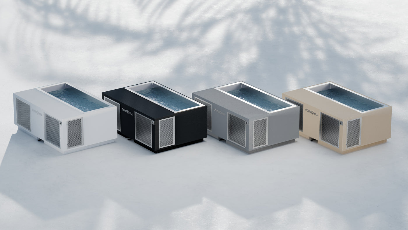 BlueCube CoreChill Elite Cold Plunge tubs side by side in different colors: white, black, grey, and beige. 