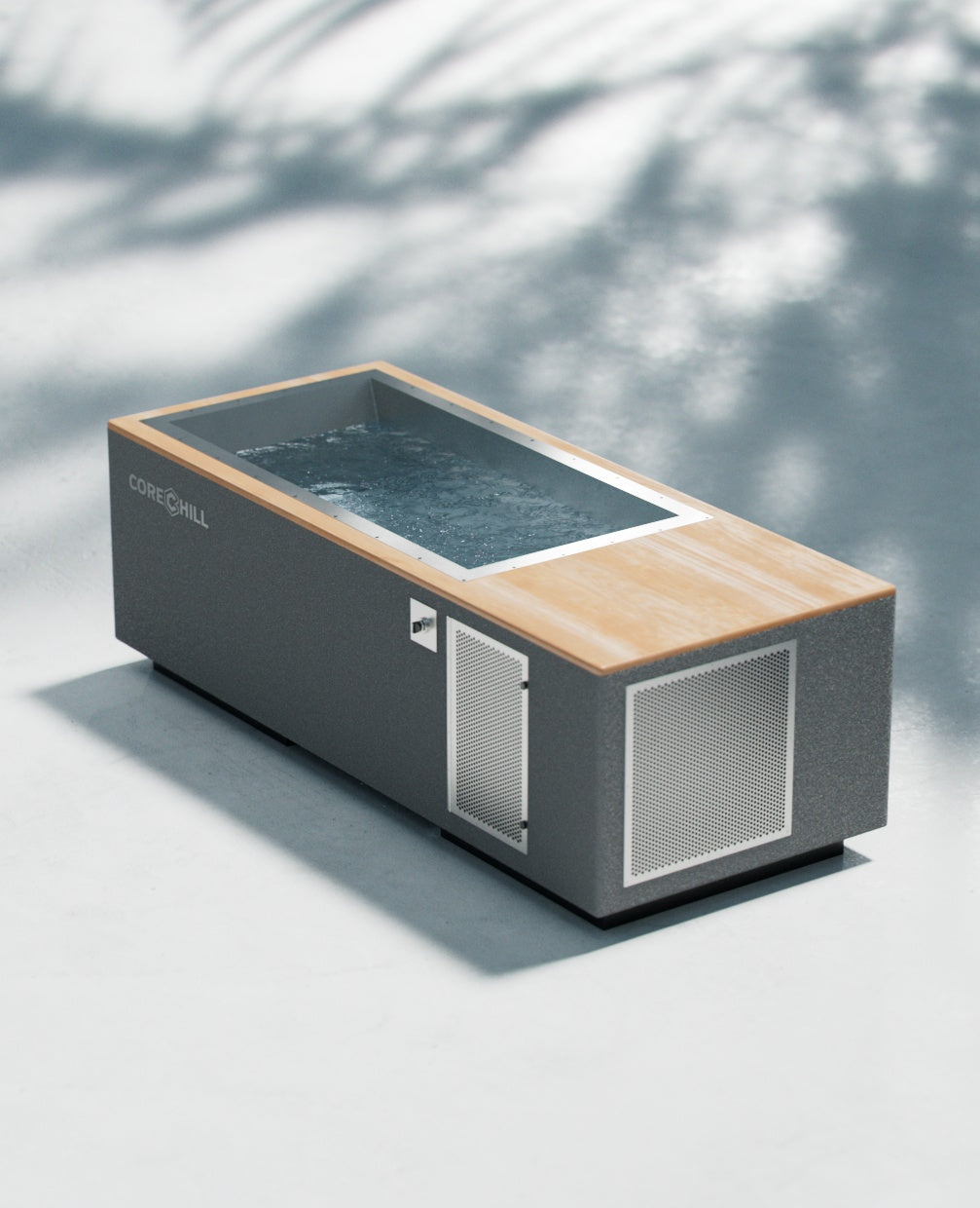 CoreChill³ cold plunge tub In Grey with Teak Top