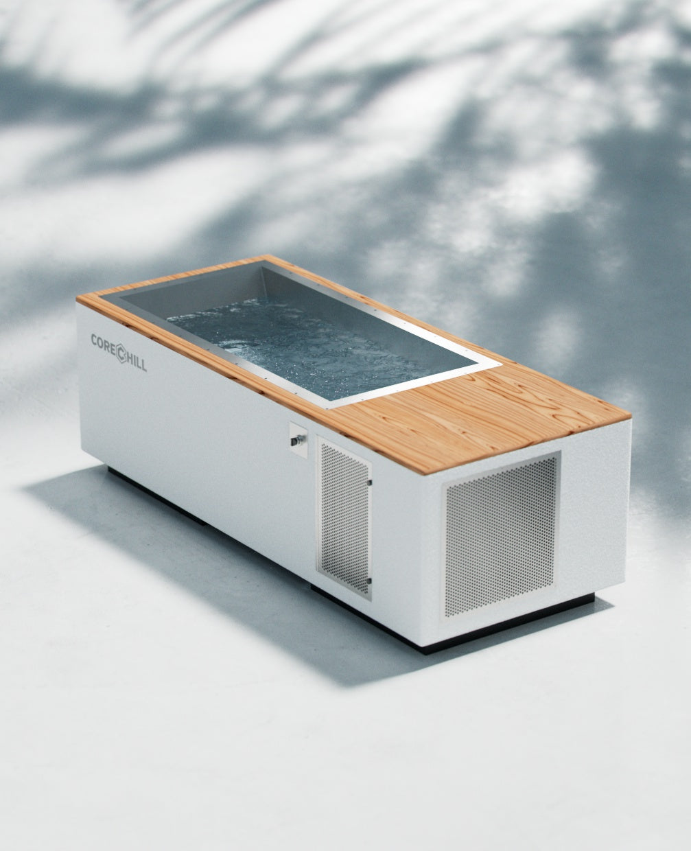 CoreChill³ cold plunge tub In White with Mahogany top