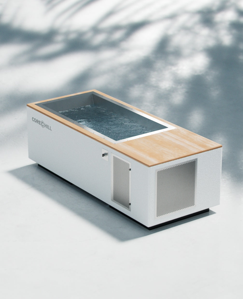 CoreChill³ cold plunge tub In White with teak wood top