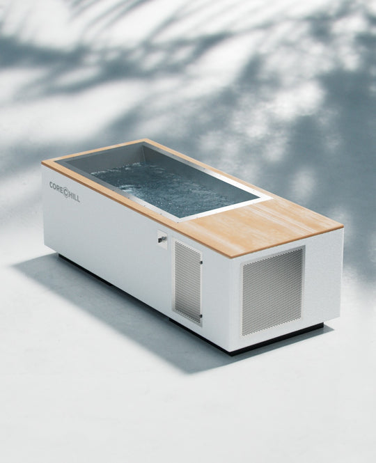 CoreChill³ cold plunge tub In White with teak wood top