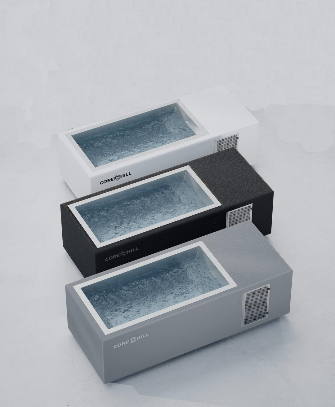 Mini Cold Plunge tubs side by side white, black, and grey. Variation of the CoreChill 1 cold plunge. 