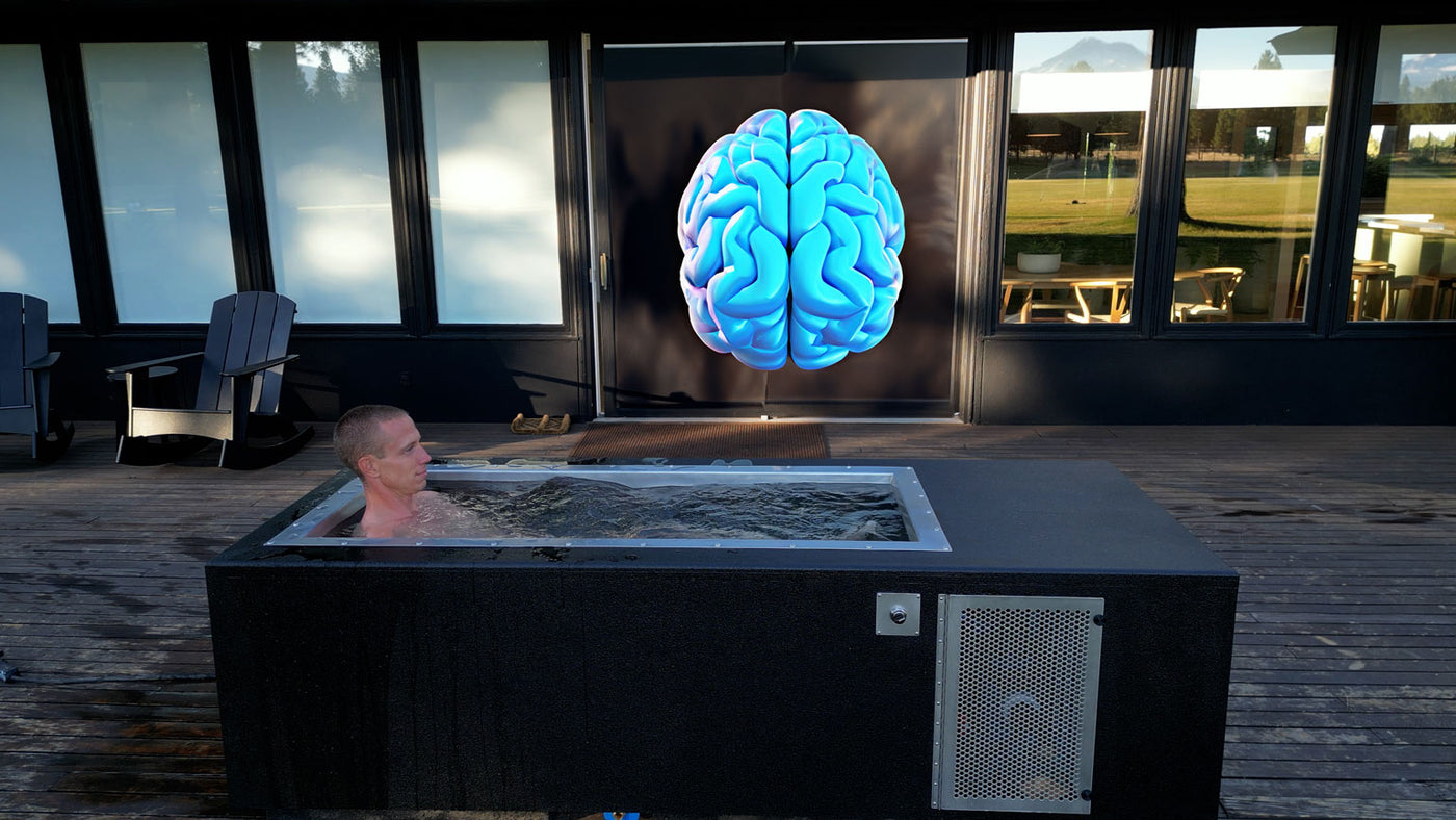 black corechill cold plunge tub on patio with man in the tub experiencing high flow rate and a brain in the background