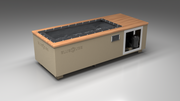 BlueCube C1 cold plunge tub beige with mahogany deck with carbon fiber tub left front view [bc color=beige screen=frame deck=mahogany tub=carbon-fiber view=fl]