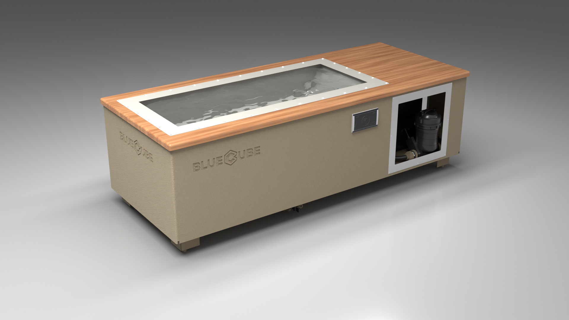 BlueCube C1 cold plunge tub beige with mahogany deck with gel coated tub left front view [bc color=beige screen=frame deck=mahogany tub=gel-coated view=fl]