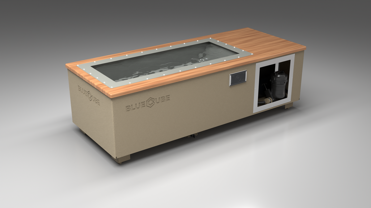BlueCube C1 cold plunge tub beige with mahogany deck with hempcarbon tub left front view [bc color=beige screen=frame deck=mahogany tub=hempcarbon view=fl]