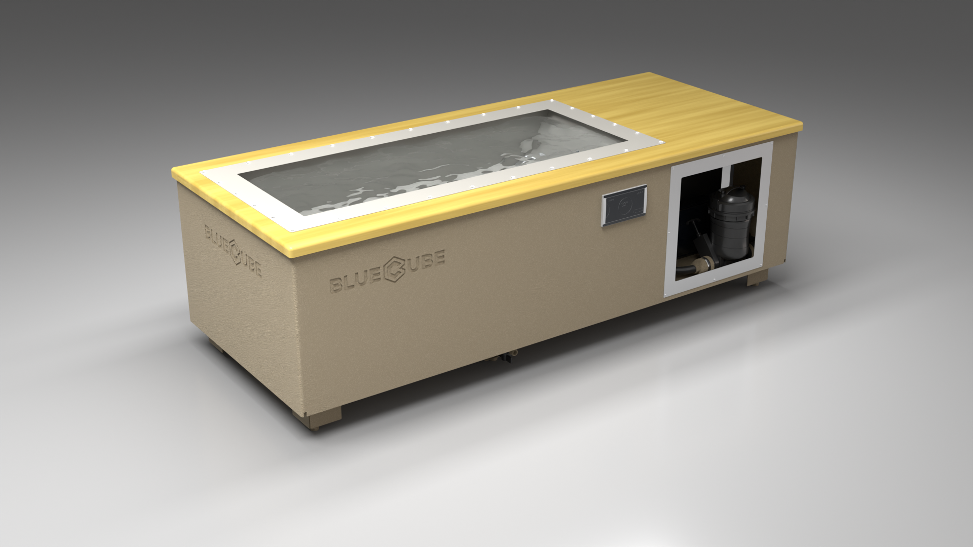 BlueCube C1 cold plunge tub beige with white maple deck with gel coated tub left front view [bc color=beige screen=frame deck=white-maple tub=gel-coated view=fl]