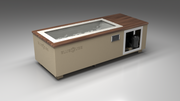 BlueCube C1 cold plunge tub beige with walnut deck with gel coated tub left front view [bc color=beige screen=frame deck=walnut tub=gel-coated view=fl]