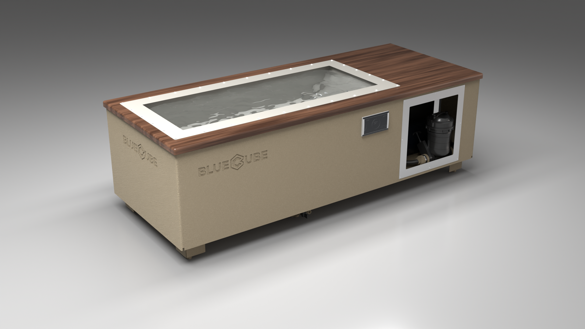BlueCube C1 cold plunge tub beige with walnut deck with gel coated tub left front view [bc color=beige screen=frame deck=walnut tub=gel-coated view=fl]