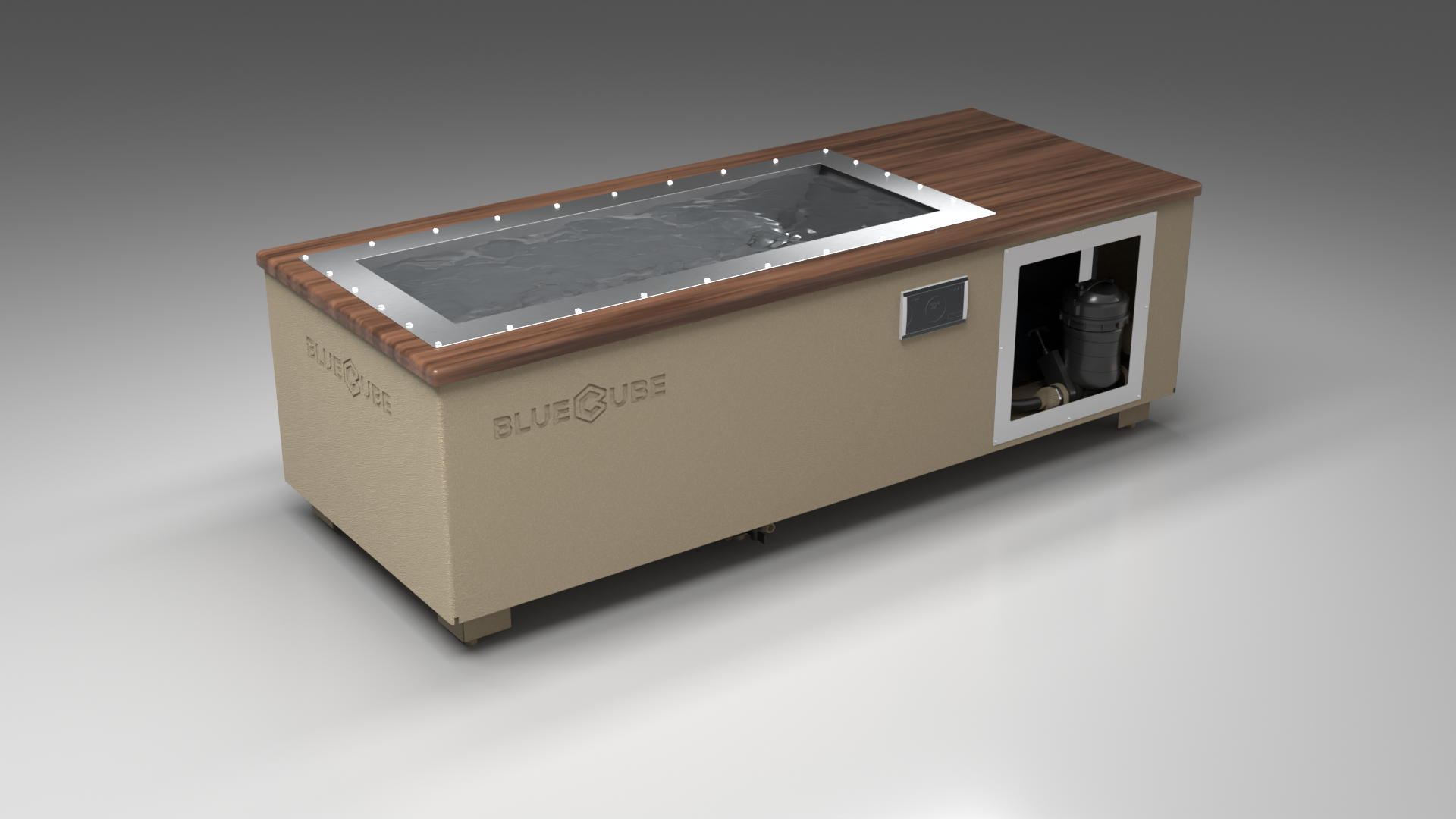 BlueCube C1 cold plunge tub beige with walnut deck left front view [bc color=beige screen=frame deck=walnut tub=stainless view=fl]