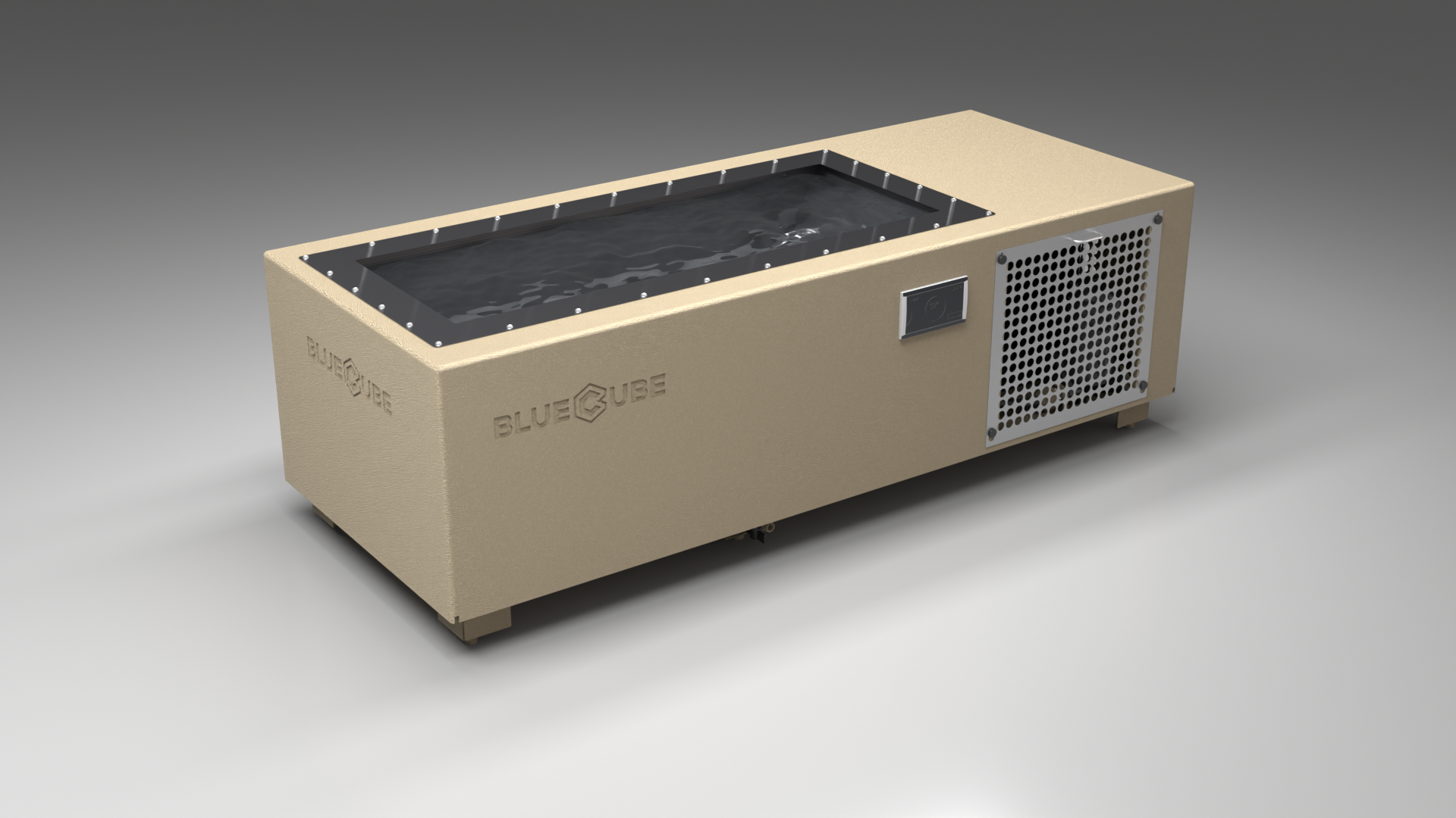 BlueCube C1 cold plunge tub beige with perforated screens with carbon fiber tub left front view [bc color=beige screen=screen deck=none tub=carbon-fiber view=fl]