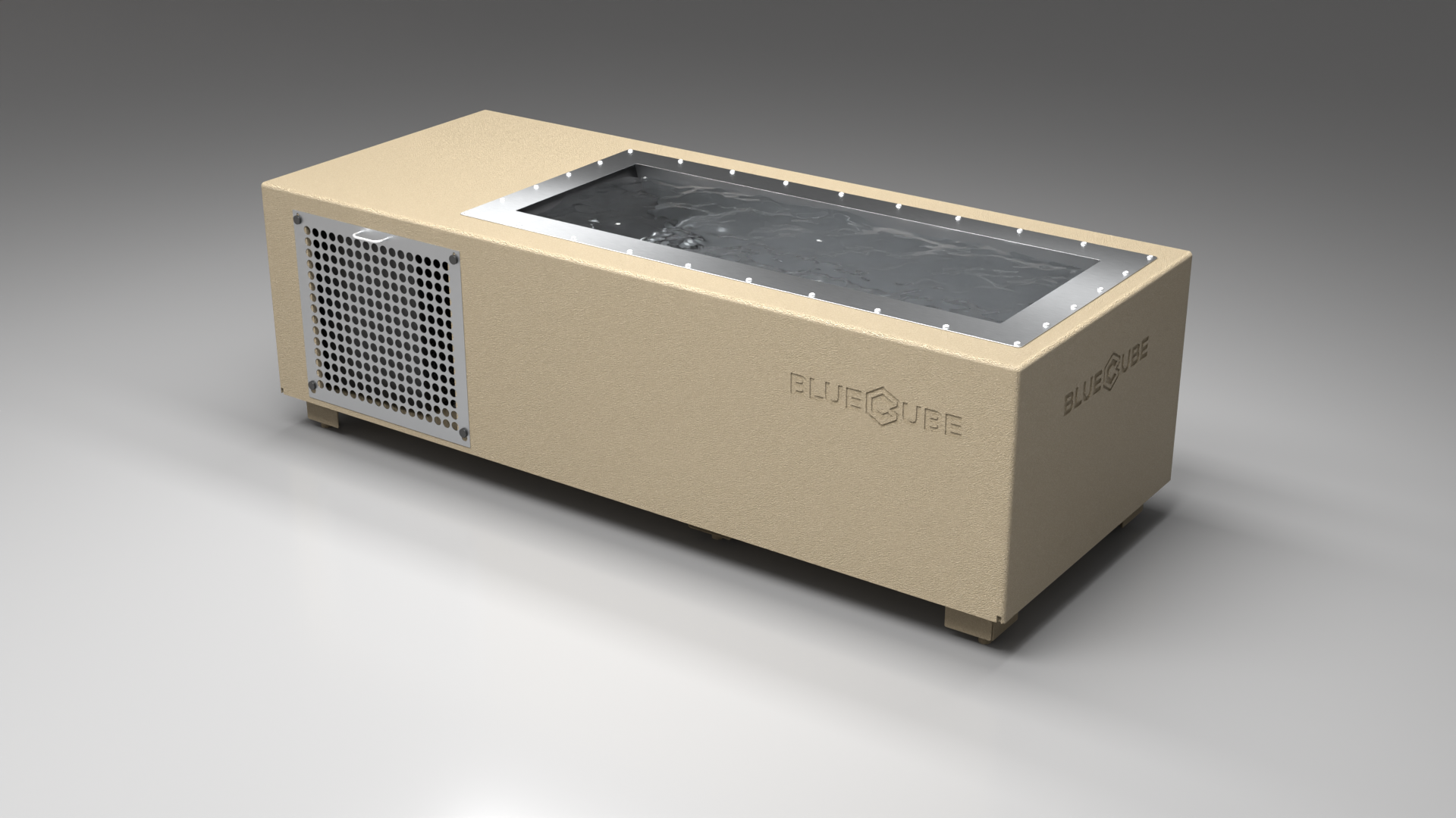 BlueCube C1 cold plunge tub beige with perforated screens left back view [bc color=beige screen=screen deck=none tub=stainless view=bl]