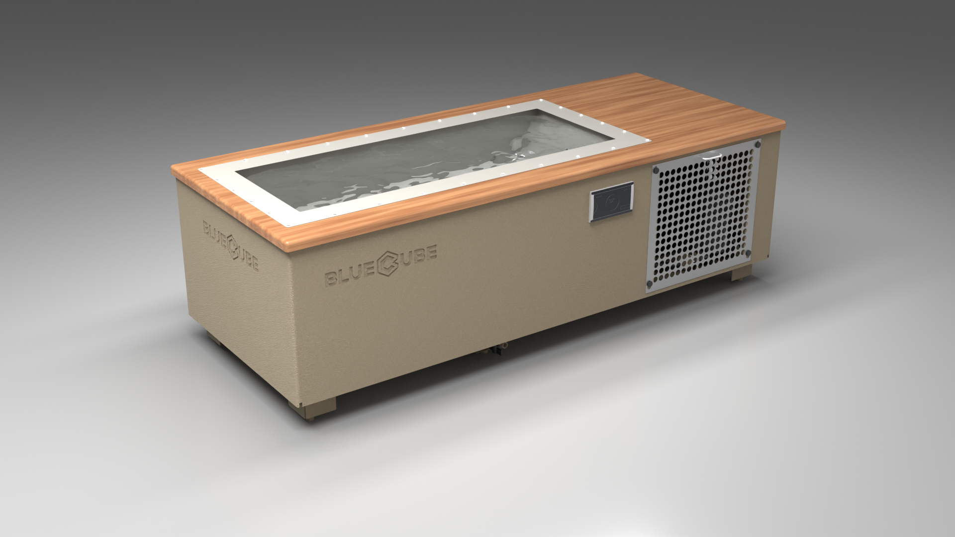 BlueCube C1 cold plunge tub beige with perforated screens with mahogany deck with gel coated tub left front view [bc color=beige screen=screen deck=mahogany tub=gel-coated view=fl]