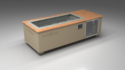 BlueCube C1 cold plunge tub beige with perforated screens with mahogany deck with hempcarbon tub left front view [bc color=beige screen=screen deck=mahogany tub=hempcarbon view=fl]