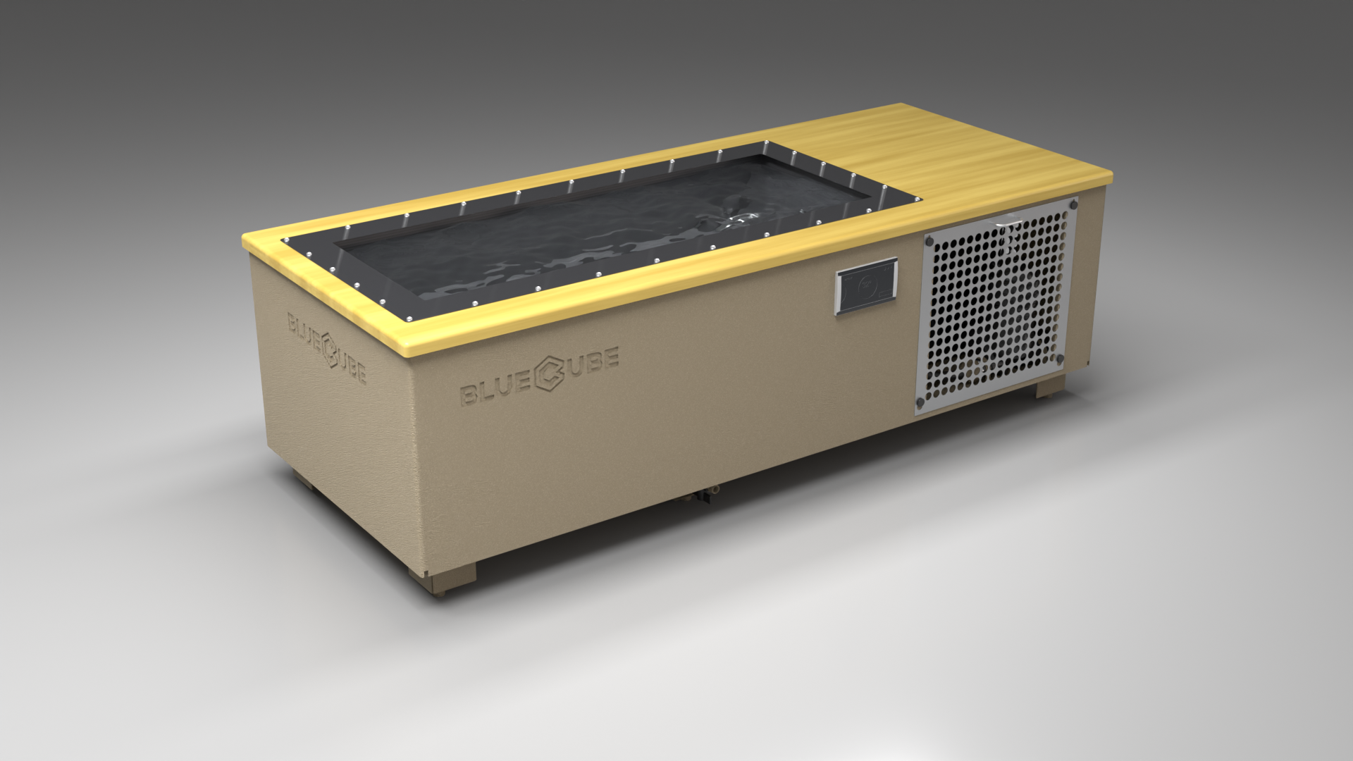 BlueCube C1 cold plunge tub beige with perforated screens with white maple deck with carbon fiber tub left front view [bc color=beige screen=screen deck=white-maple tub=carbon-fiber view=fl]