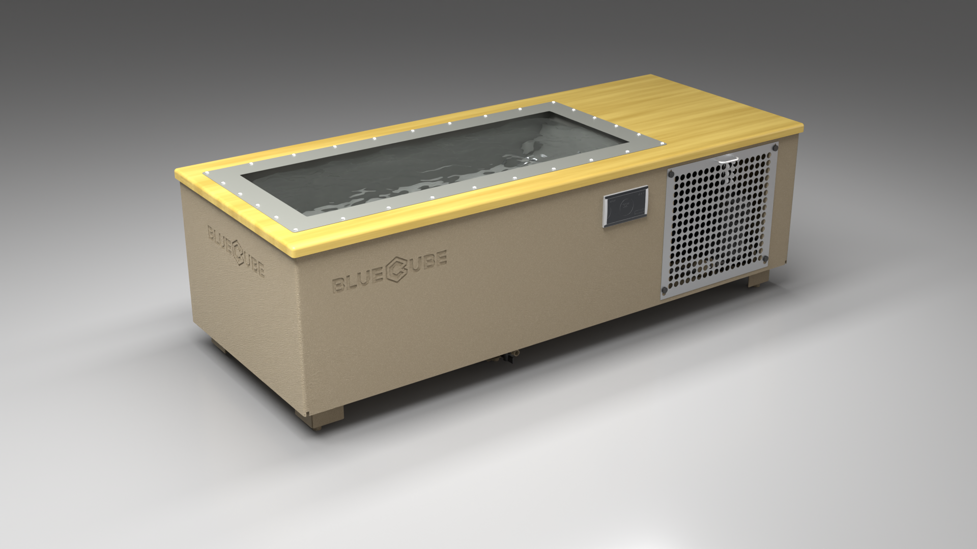 BlueCube C1 cold plunge tub beige with perforated screens with white maple deck with hempcarbon tub left front view [bc color=beige screen=screen deck=white-maple tub=hempcarbon view=fl]