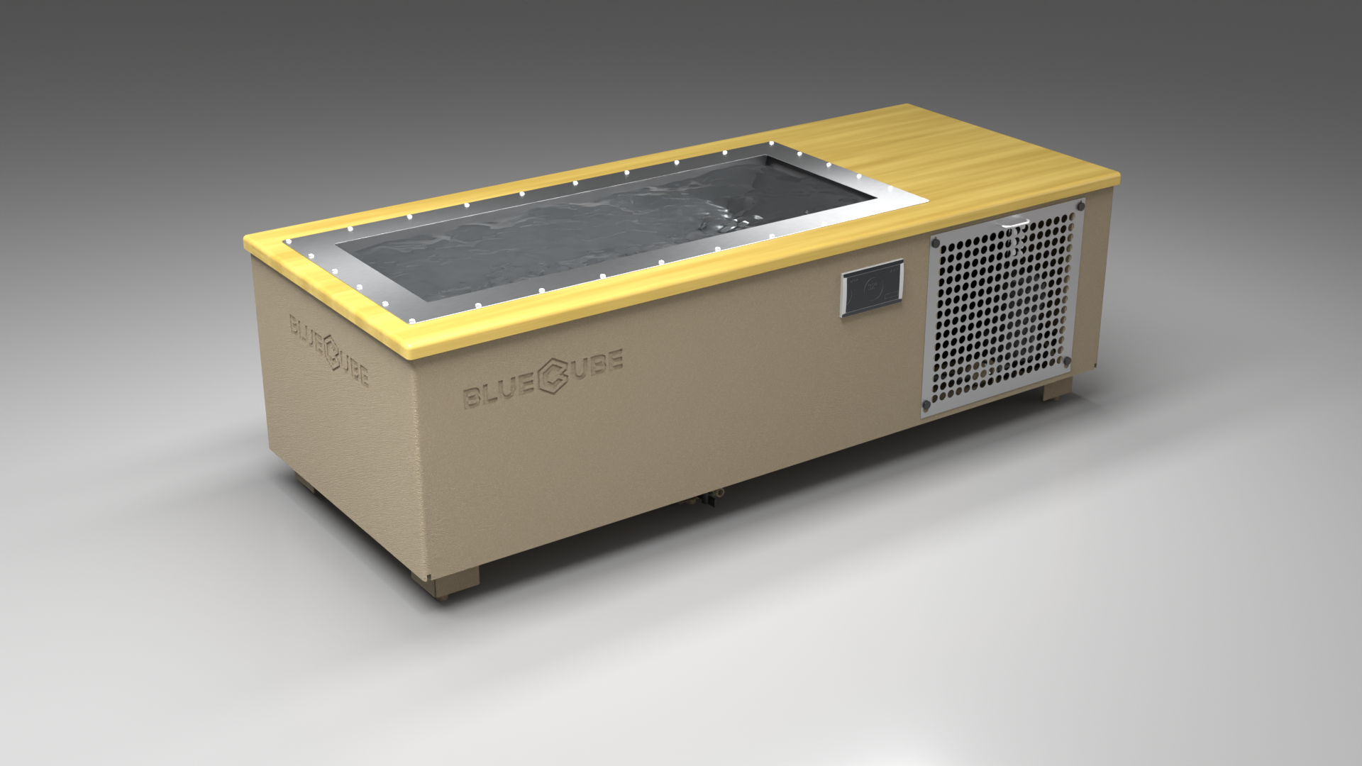 BlueCube C1 cold plunge tub beige with perforated screens with white maple deck left front view [bc color=beige screen=screen deck=white-maple tub=stainless view=fl]