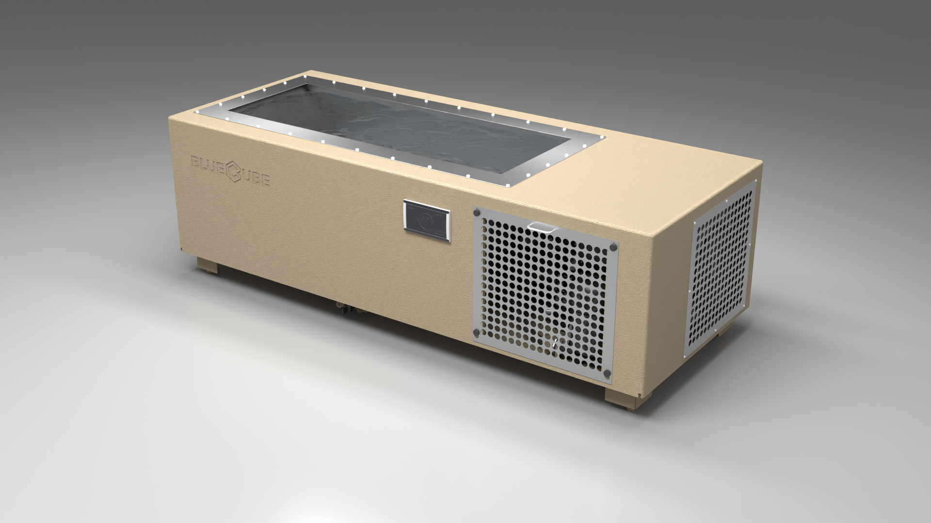 BlueCube C1 cold plunge tub beige with perforated screens right front view [bc color=beige screen=screen deck=none tub=stainless view=fr]