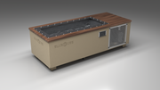BlueCube C1 cold plunge tub beige with perforated screens with walnut deck with carbon fiber tub left front view [bc color=beige screen=screen deck=walnut tub=carbon-fiber view=fl]