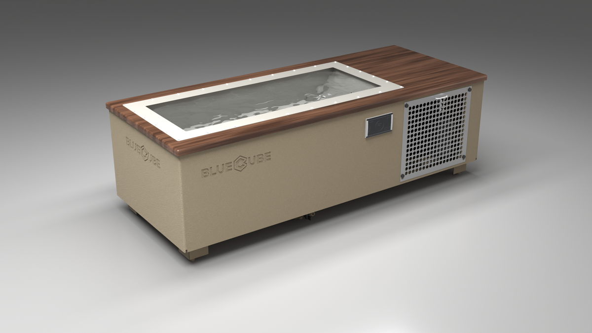 BlueCube C1 cold plunge tub beige with perforated screens with walnut deck with gel coated tub left front view [bc color=beige screen=screen deck=walnut tub=gel-coated view=fl]