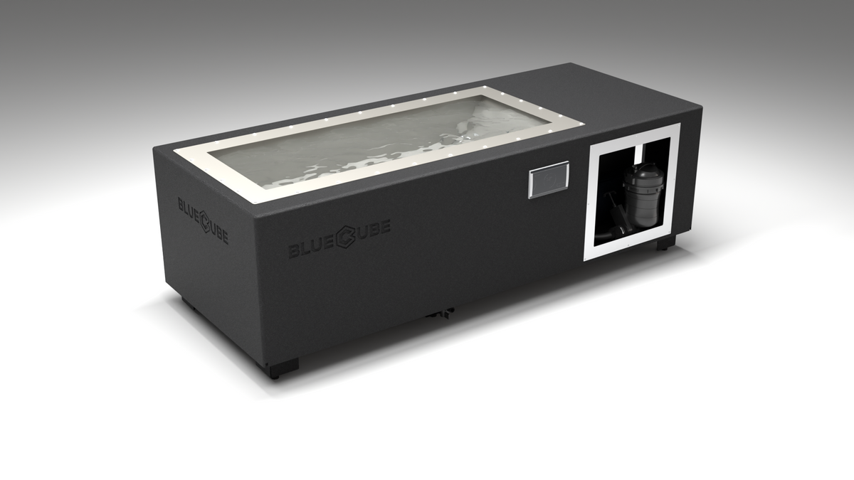 BlueCube C1 cold plunge tub black with gel coated tub left front view [bc color=black screen=frame deck=none tub=gel-coated view=fl]
