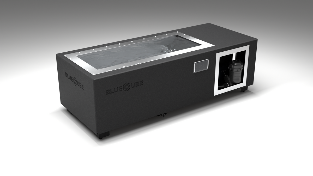BlueCube C1 cold plunge tub black left front view [bc color=black screen=frame deck=none tub=stainless view=fl]