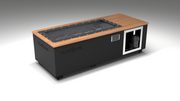 BlueCube C1 cold plunge tub black with mahogany deck with carbon fiber tub left front view [bc color=black screen=frame deck=mahogany tub=carbon-fiber view=fl]