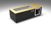 BlueCube C1 cold plunge tub black with white maple deck with gel coated tub left front view [bc color=black screen=frame deck=white-maple tub=gel-coated view=fl]