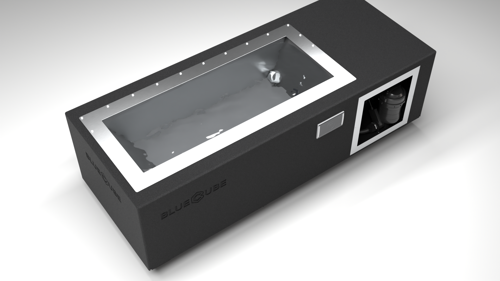 BlueCube C1 cold plunge tub black top down view [bc color=black screen=frame deck=none tub=stainless view=top]