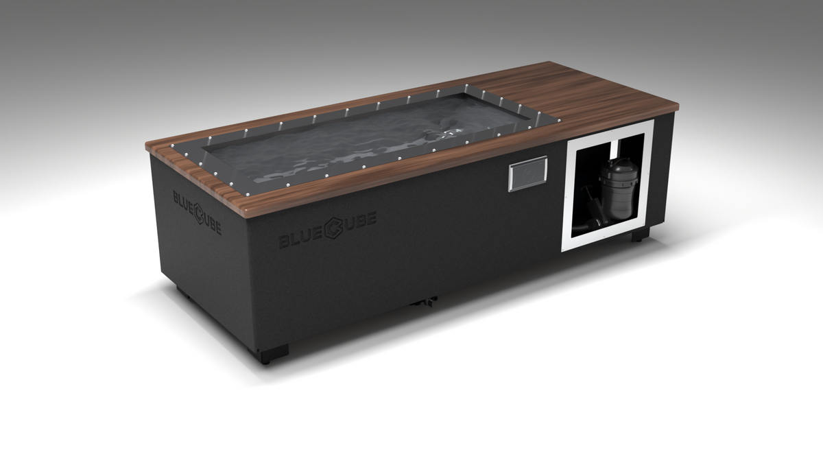 BlueCube C1 cold plunge tub black with walnut deck with carbon fiber tub left front view [bc color=black screen=frame deck=walnut tub=carbon-fiber view=fl]