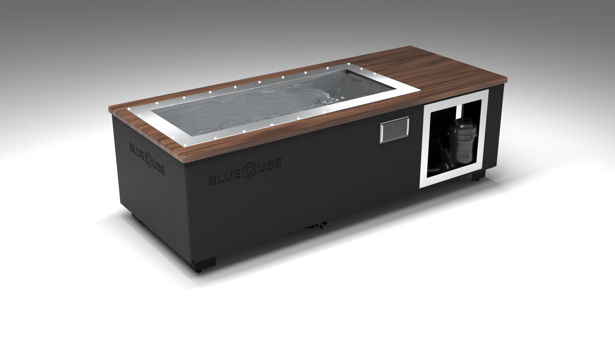 BlueCube C1 cold plunge tub black with walnut deck left front view [bc color=black screen=frame deck=walnut tub=stainless view=fl]