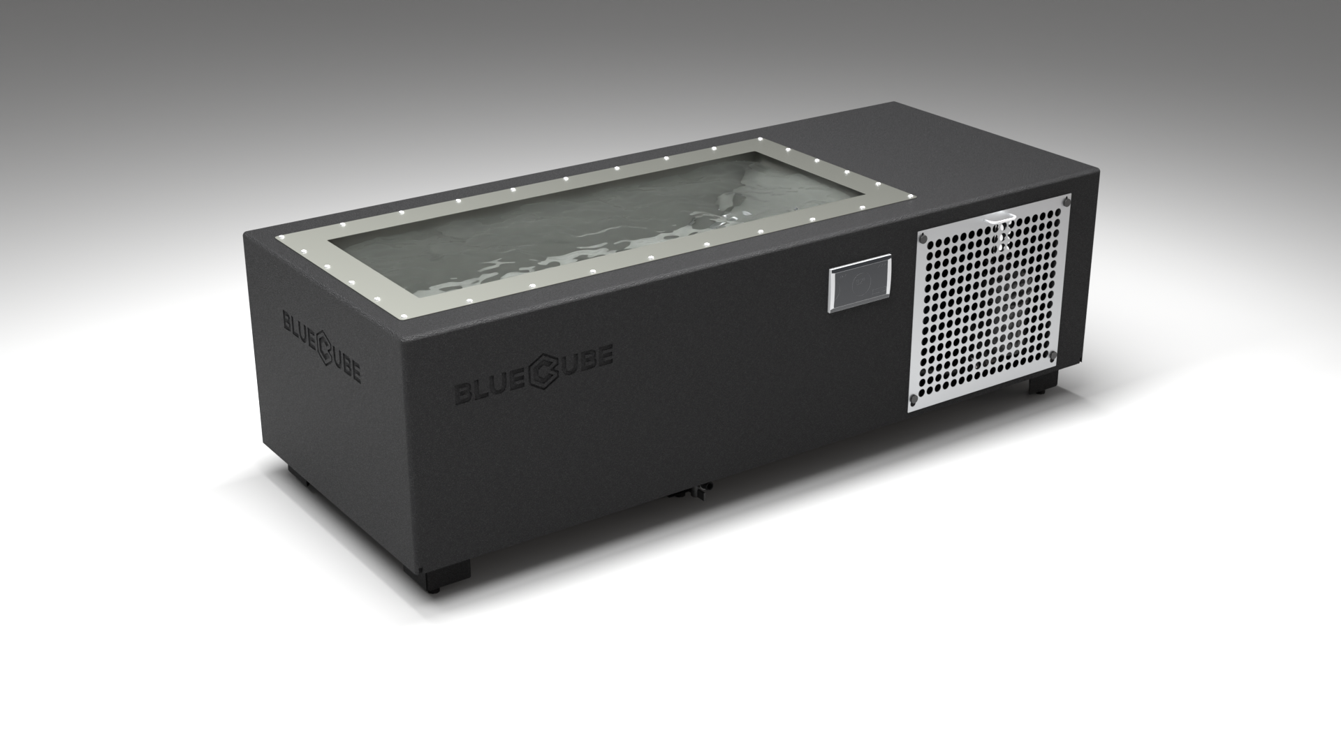 BlueCube C1 cold plunge tub black with perforated screens with hempcarbon tub left front view [bc color=black screen=screen deck=none tub=hempcarbon view=fl]