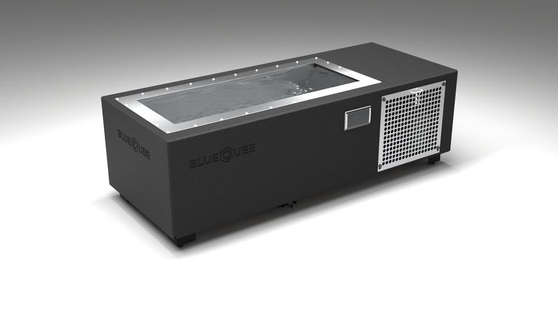 BlueCube C1 cold plunge tub black with perforated screens left front view [bc color=black screen=screen deck=none tub=stainless view=fl]