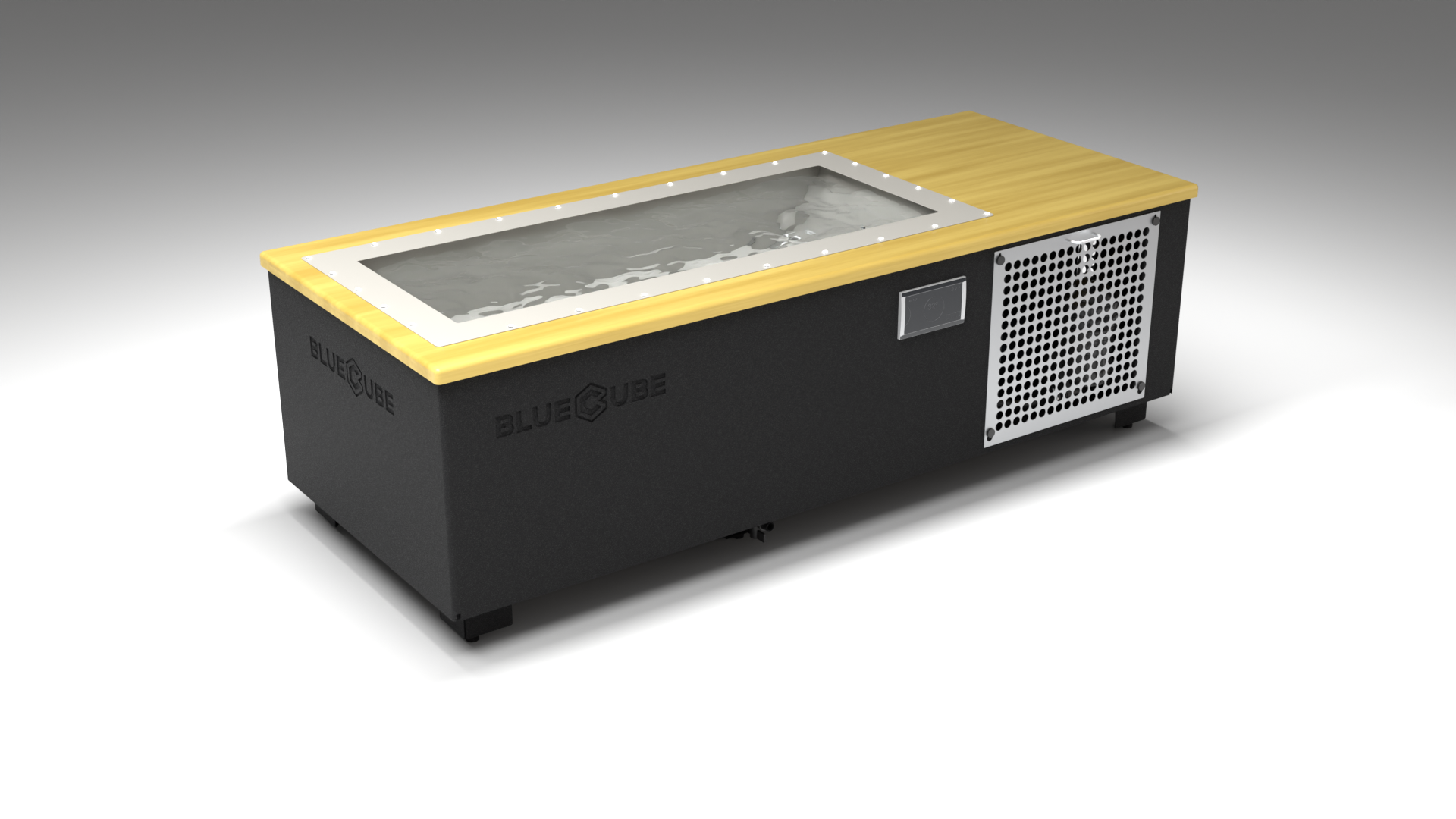 BlueCube C1 cold plunge tub black with perforated screens with white maple deck with gel coated tub left front view [bc color=black screen=screen deck=white-maple tub=gel-coated view=fl]