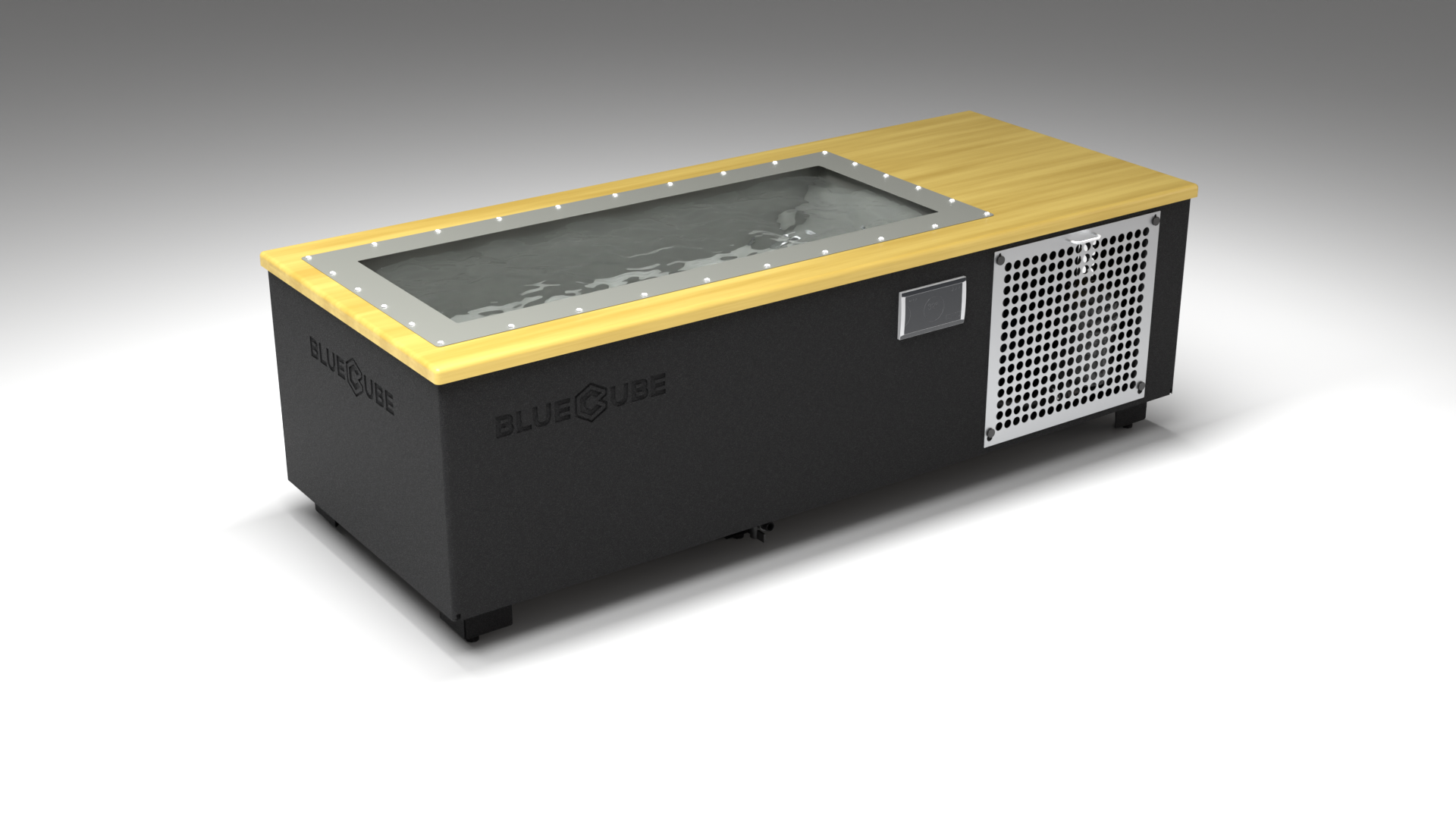 BlueCube C1 cold plunge tub black with perforated screens with white maple deck with hempcarbon tub left front view [bc color=black screen=screen deck=white-maple tub=hempcarbon view=fl]