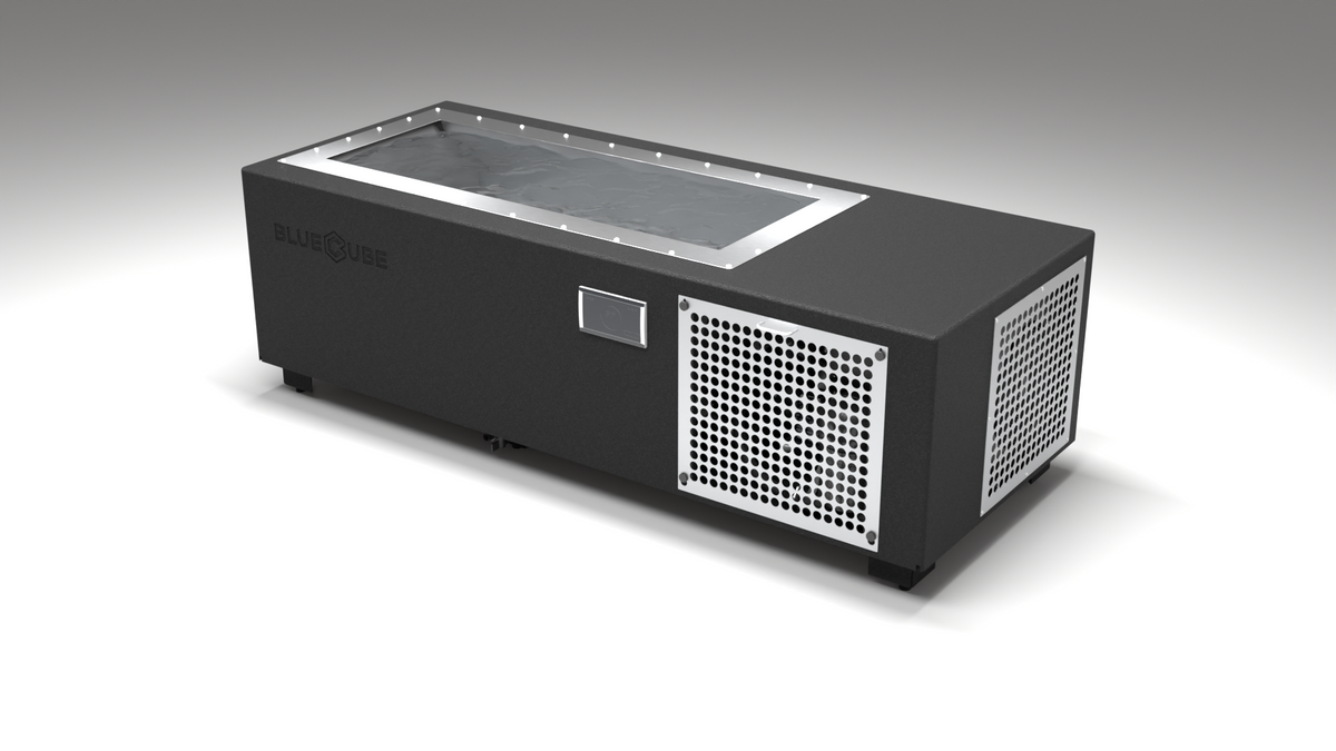 BlueCube C1 cold plunge tub black with perforated screens right front view [bc color=black screen=screen deck=none tub=stainless view=fr]