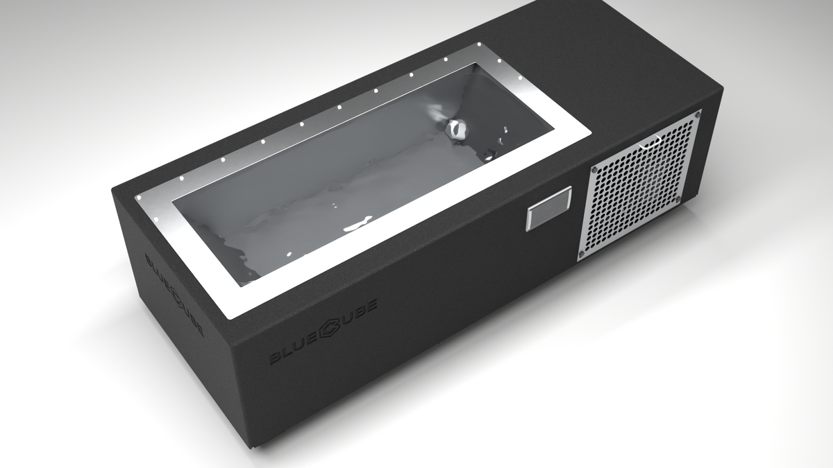 BlueCube C1 cold plunge tub black with perforated screens top down view [bc color=black screen=screen deck=none tub=stainless view=top]