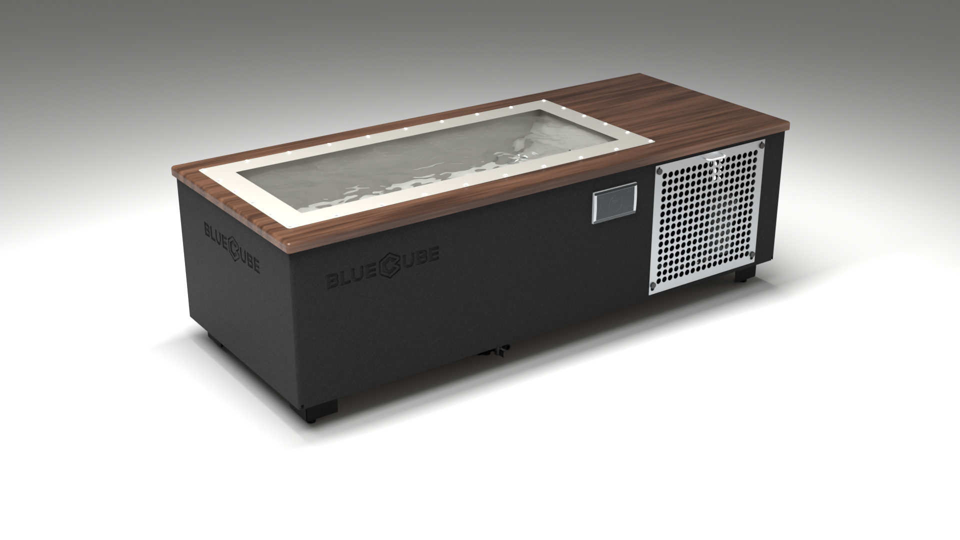 BlueCube C1 cold plunge tub black with perforated screens with walnut deck with gel coated tub left front view [bc color=black screen=screen deck=walnut tub=gel-coated view=fl]