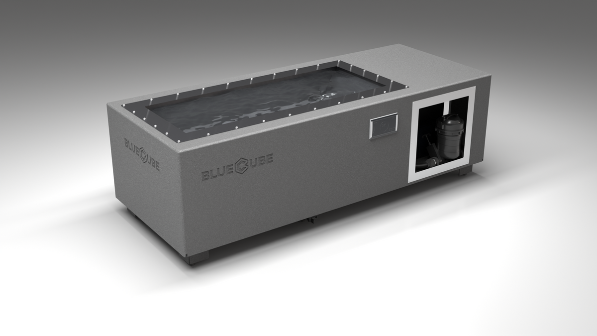 BlueCube C1 cold plunge tub grey with carbon fiber tub left front view [bc color=grey screen=frame deck=none tub=carbon-fiber view=fl]