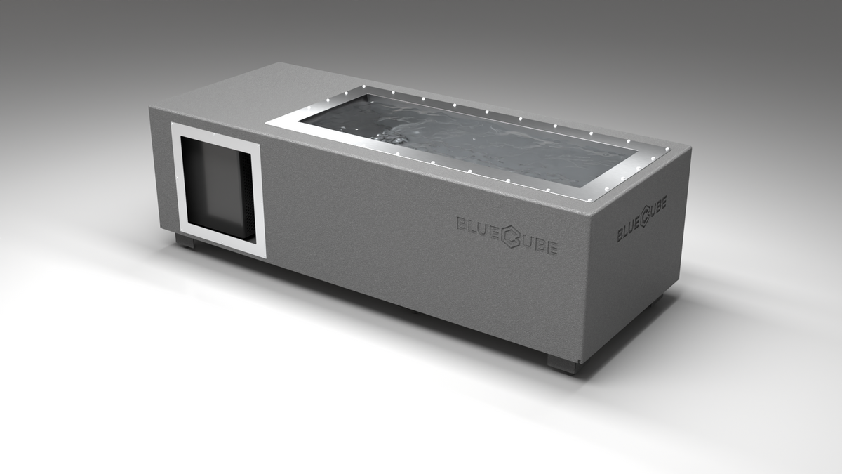 BlueCube C1 cold plunge tub grey left back view [bc color=grey screen=frame deck=none tub=stainless view=bl]