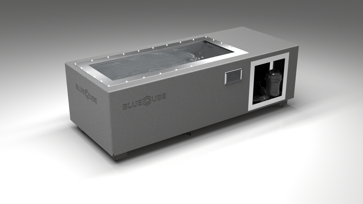 BlueCube C1 cold plunge tub grey left front view [bc color=grey screen=frame deck=none tub=stainless view=fl]