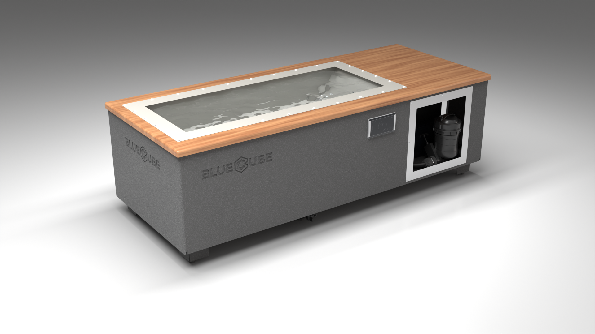 BlueCube C1 cold plunge tub grey with mahogany deck with gel coated tub left front view [bc color=grey screen=frame deck=mahogany tub=gel-coated view=fl]