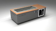 BlueCube C1 cold plunge tub grey with mahogany deck with hempcarbon tub left front view [bc color=grey screen=frame deck=mahogany tub=hempcarbon view=fl]